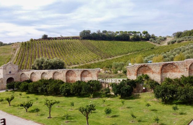 Mura storiche ad arcate e giardino botanico Hortus immerso nei vigneti e colline.
